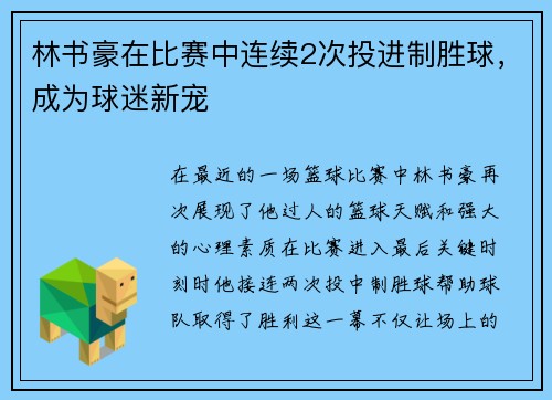 林书豪在比赛中连续2次投进制胜球，成为球迷新宠